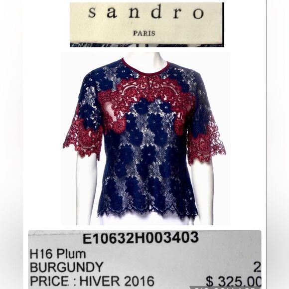 Sandro Navy & Maroon Lace Short Sleeve Top - Picture 1 of 16